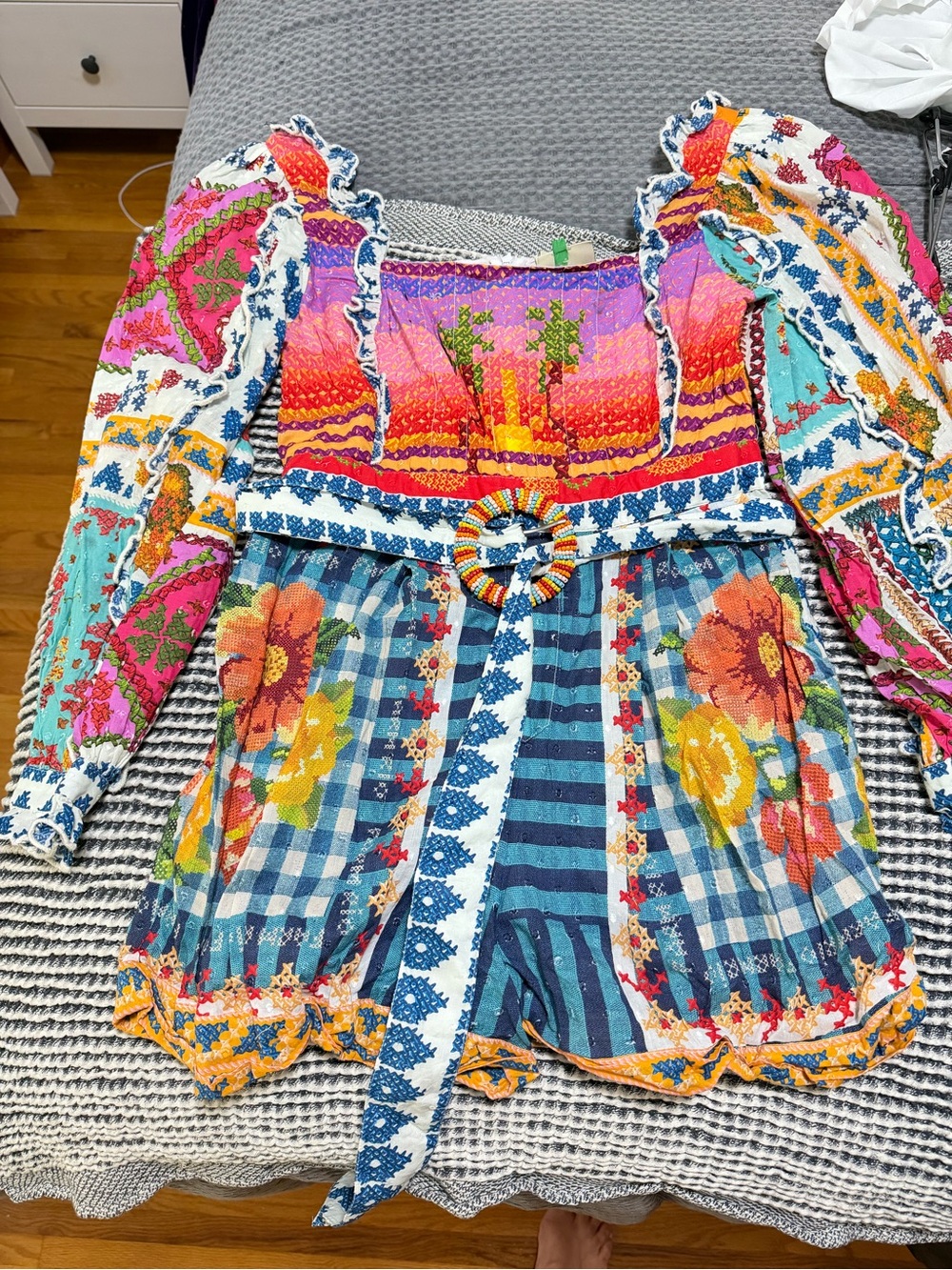 Farm Rio Colorful Floral Patchwork Smocked romper with Belt